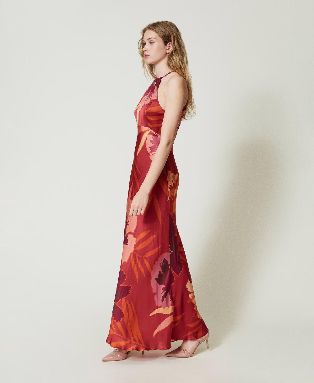 Scee by twin set Abito lungo in raso a fiori con scollo all'americana Enormi risparmi