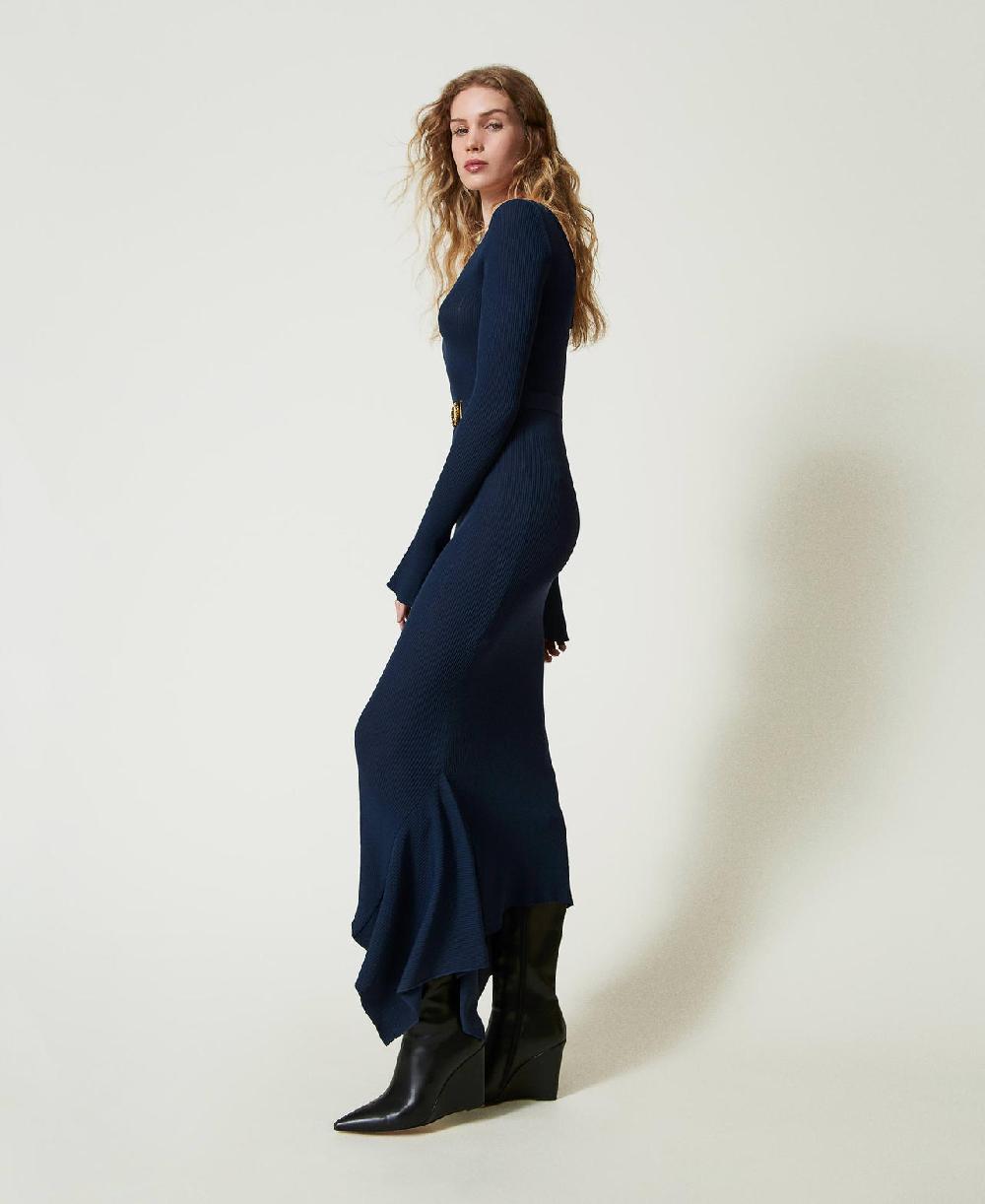 Scee by twin set Abito longuette in maglia con cintura e volant Sottocosto