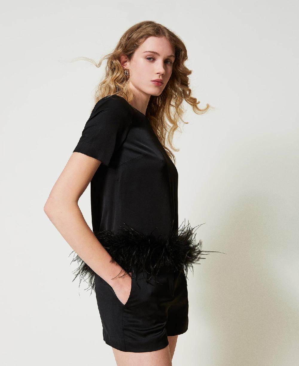 Scee by twin set Blusa in raso con piume Offerta Pasqua