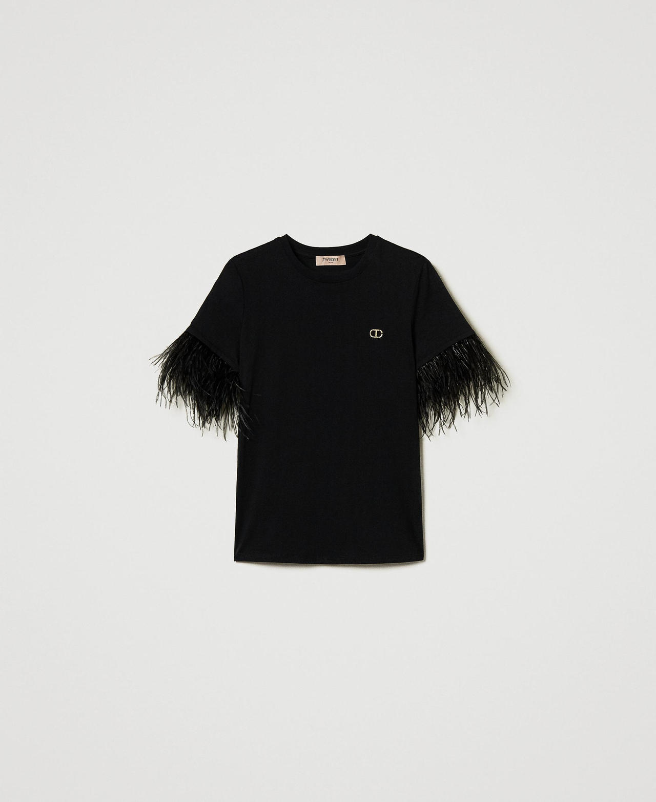 Scee by twin set T-shirt con logo Oval T e piume Vendita calda
