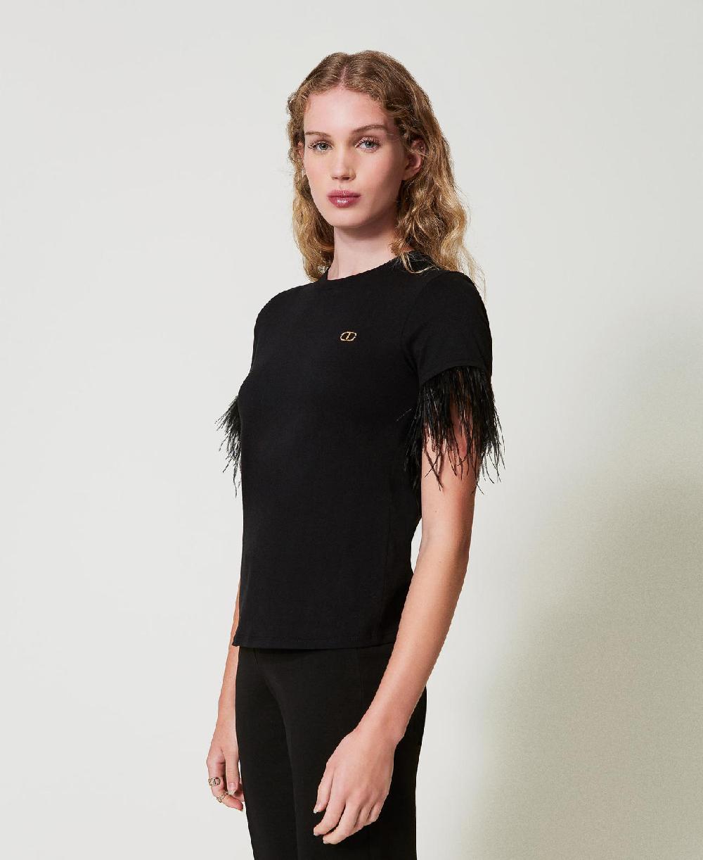 Scee by twin set T-shirt con logo Oval T e piume Vendita calda