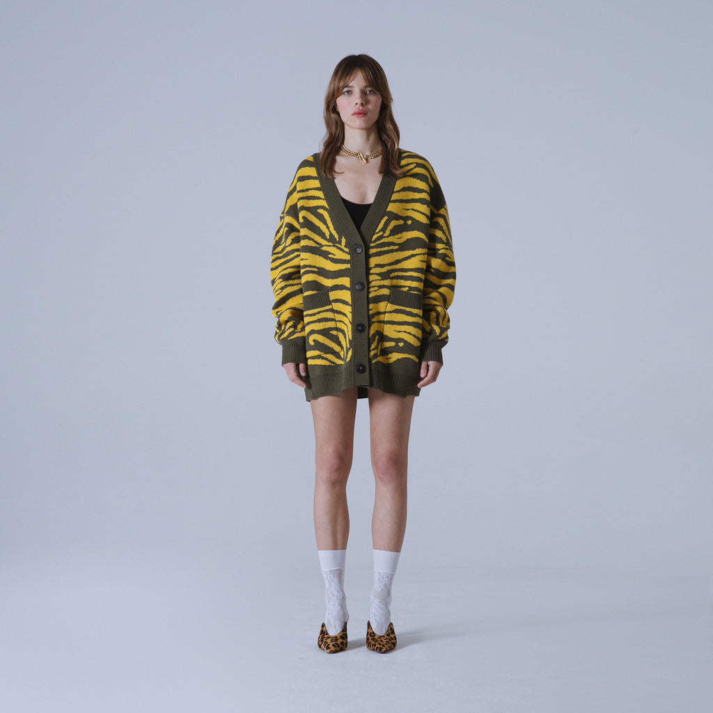Sveta Milano Cardigan lungo jacquard Georgia in verde e giallo Prezzo Ridotto