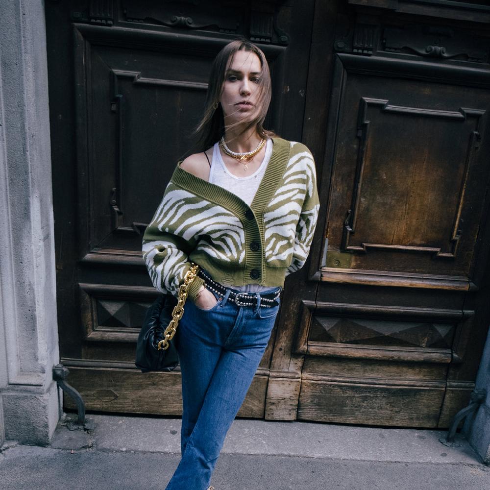 Sveta Milano Cardigan corto jacquard Janis in verde militare e bianco Outlet