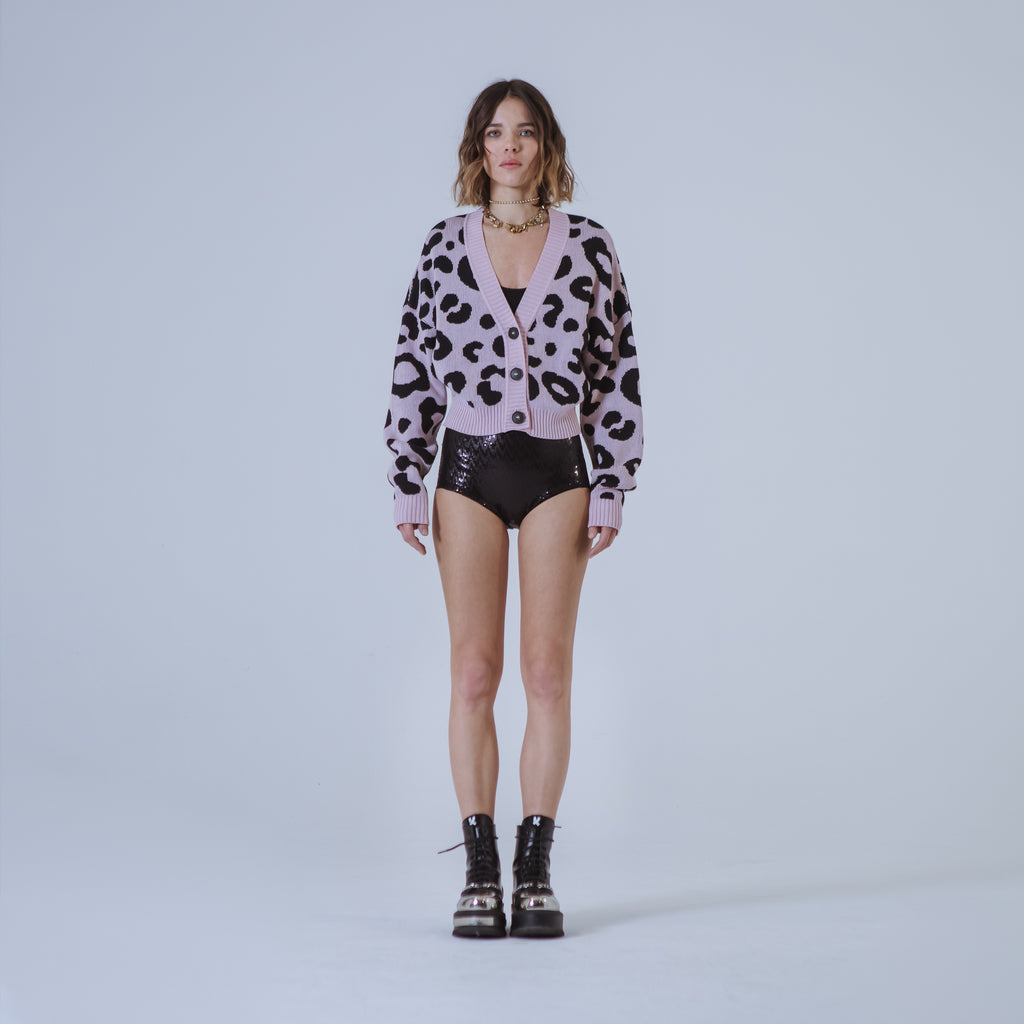 Sveta Milano Cardigan corto jacquard Dakota in rosa e nero Sottocosto