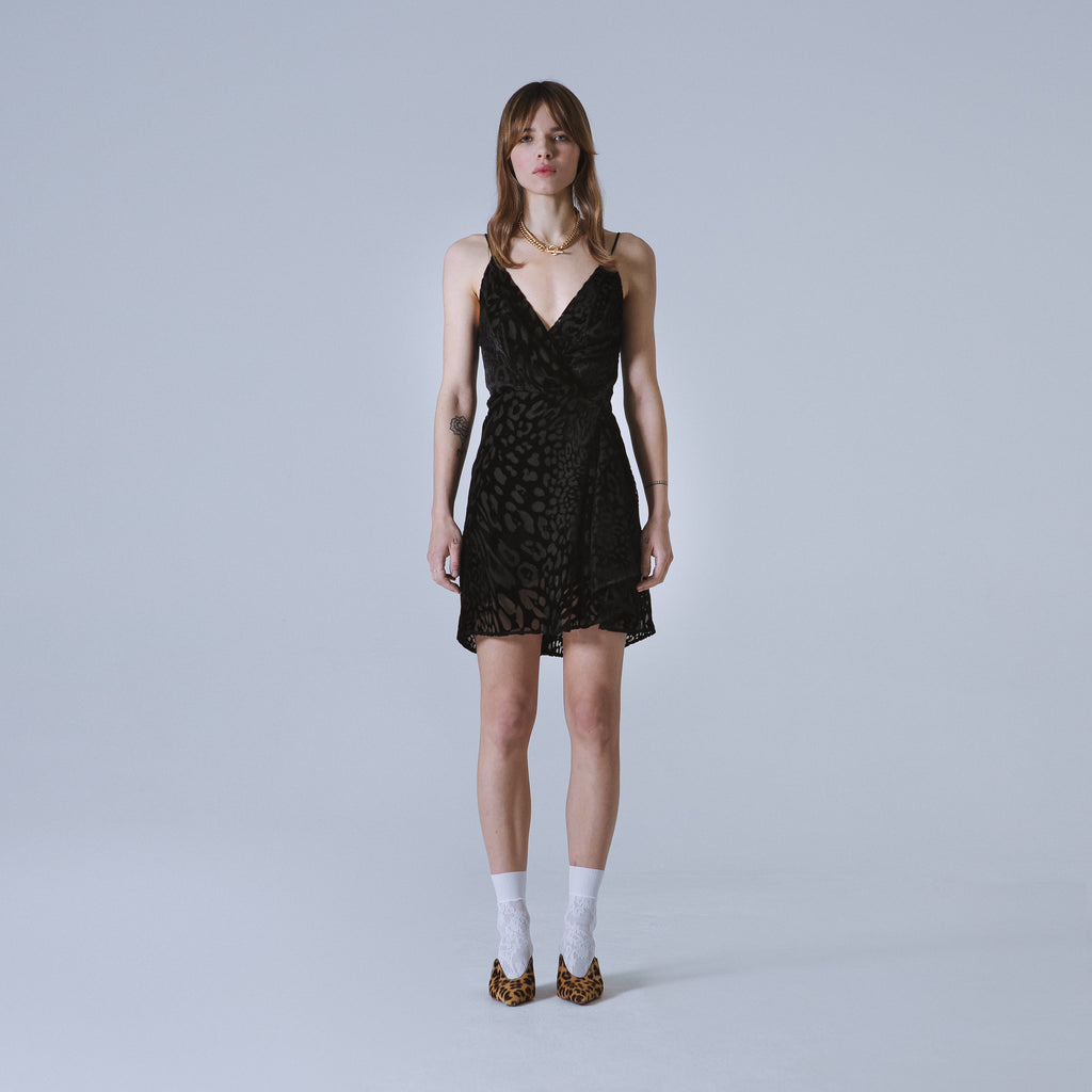 Sveta Milano Abito Nancy in velluto nero con motivo leopardo Promozione