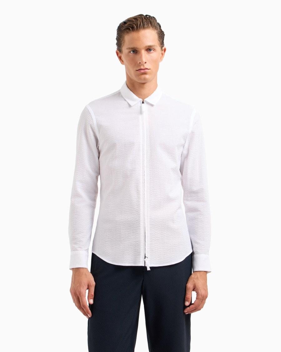 The world of armani CAMICIA SLIM FIT CON ZIP IN COTONE SEERSUCKER Sottocosto