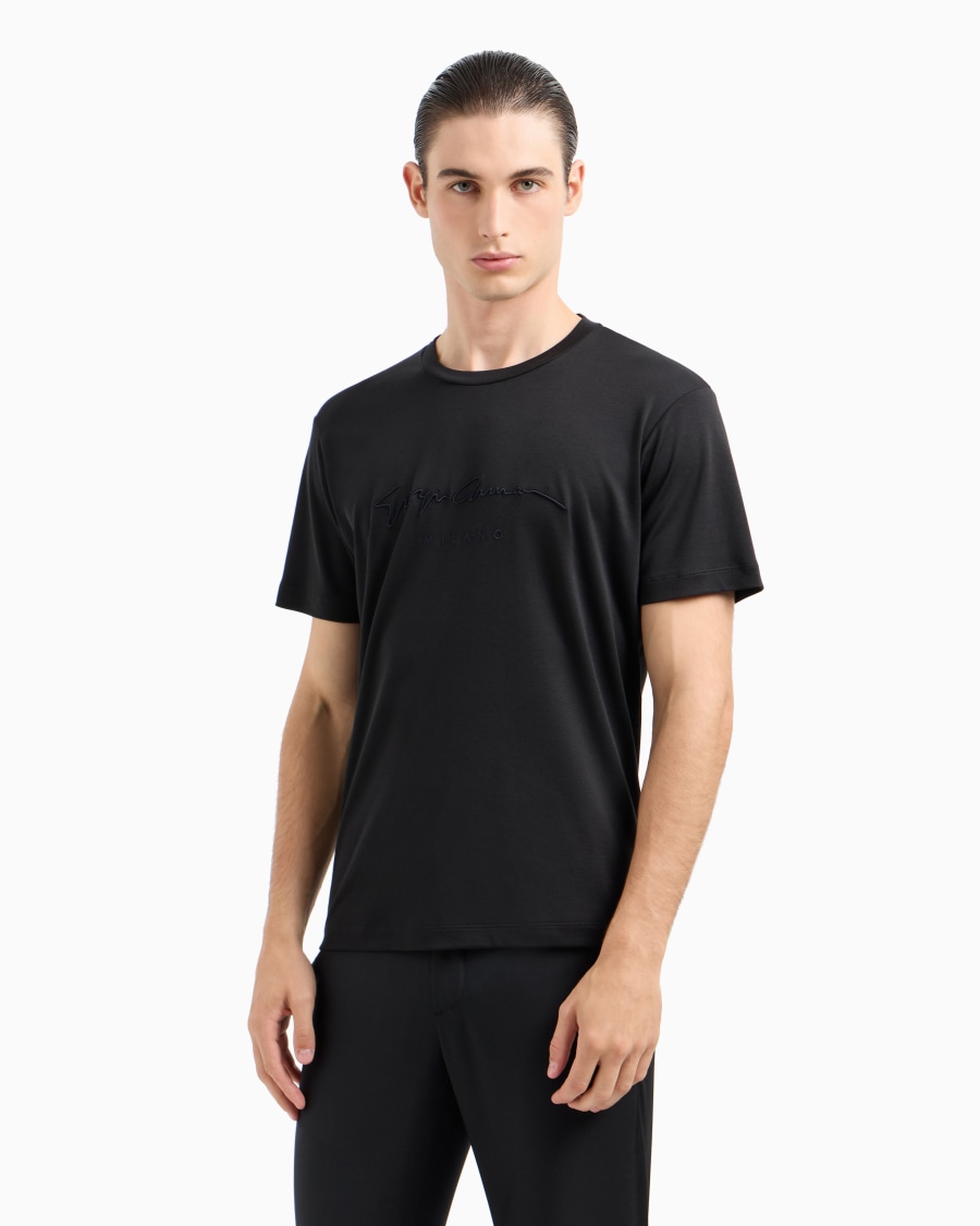 The world of armani T-SHIRT IN INTERLOCK DI PURO COTONE CON LOGO RICAMATO Vendita Economica