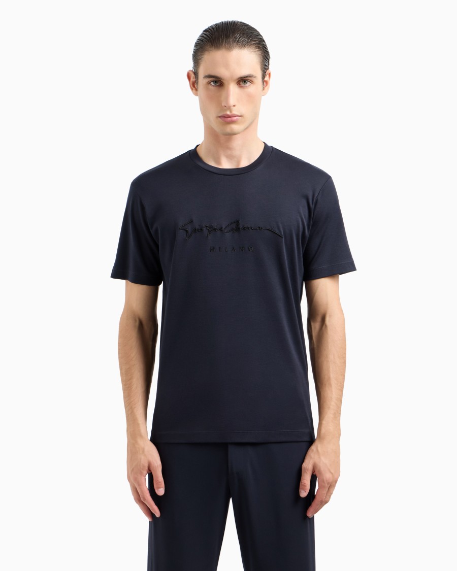 The world of armani T-SHIRT IN INTERLOCK DI PURO COTONE CON LOGO RICAMATO Saldi Di Fabbrica