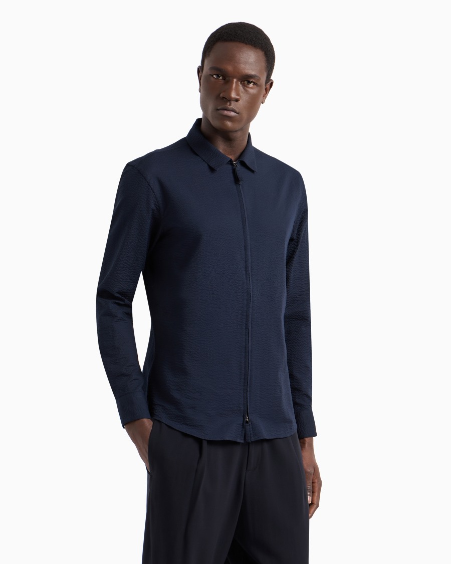 The world of armani CAMICIA SLIM FIT CON ZIP IN COTONE SEERSUCKER Negozio