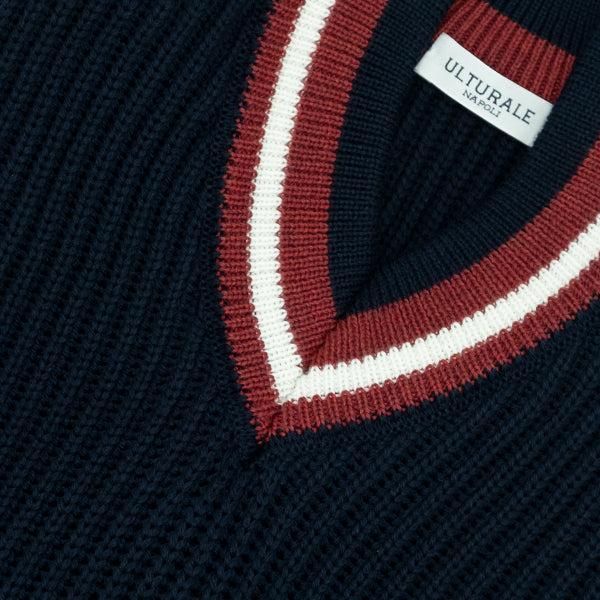 Ulturale Pullover blu in maglia inglese con scollo V a contrasto – Ulturale Vendita Economica