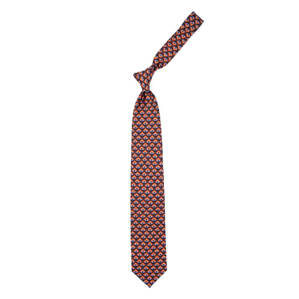 Ulturale Cravatta marrone con pattern arancione blu e azzurro in seta – Ulturale