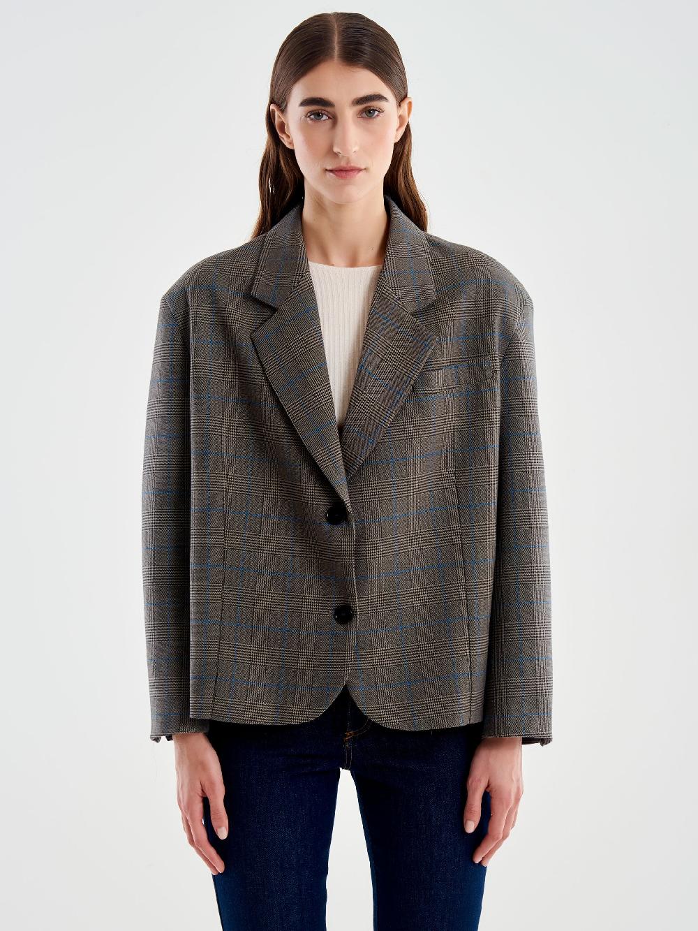 Vicolo Giacca Oversized Cropped Quadri Marrone In Saldo