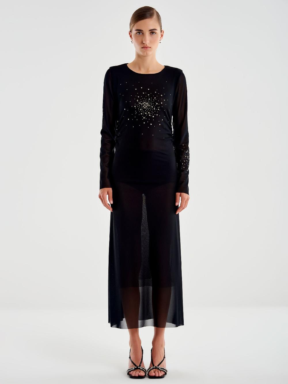 Vicolo Abito lungo in Tulle Trasparente con Strass Nero Promozione