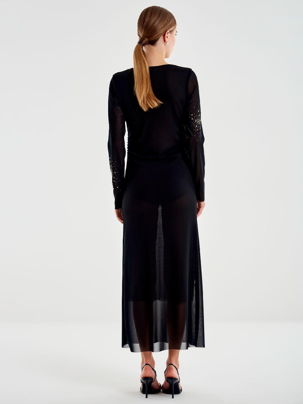 Vicolo Abito lungo in Tulle Trasparente con Strass Nero Promozione