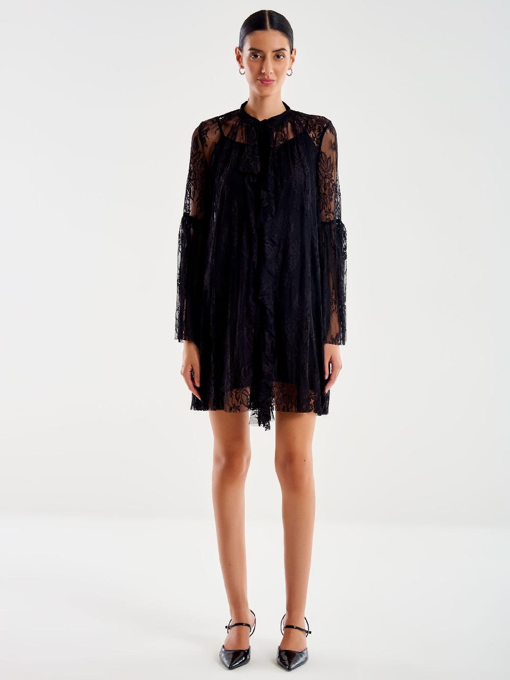 Vicolo Abito Corto in Pizzo con Jabot Nero Fino Al -60%