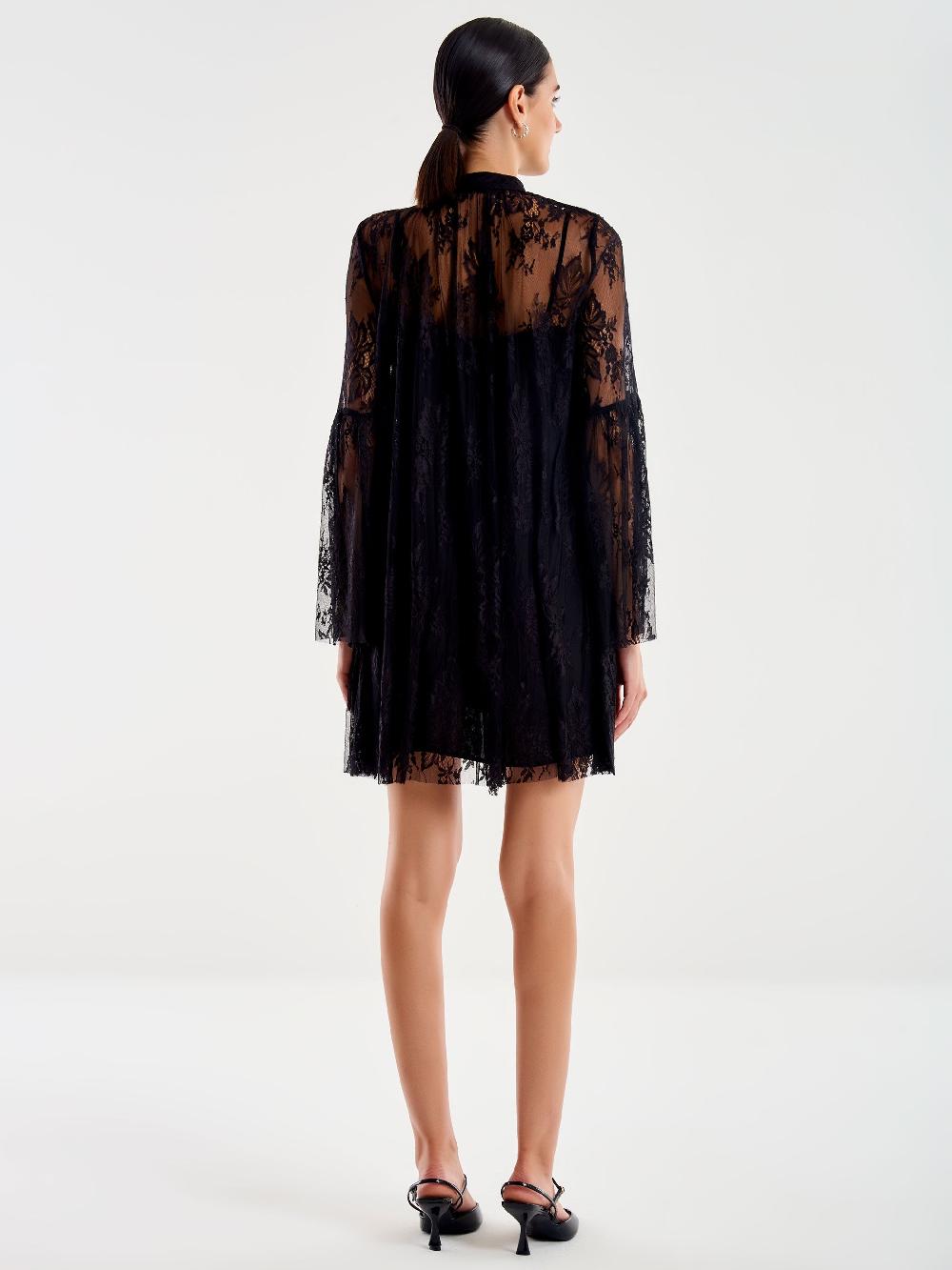 Vicolo Abito Corto in Pizzo con Jabot Nero Fino Al -60%