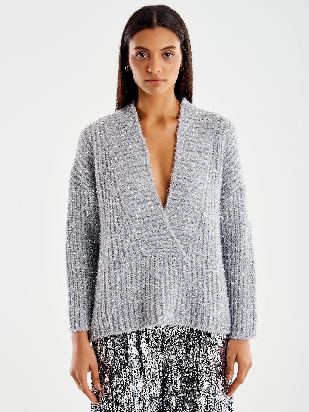 Vicolo Pull Scollo a V Profondo Lurex Grigio Convenienza