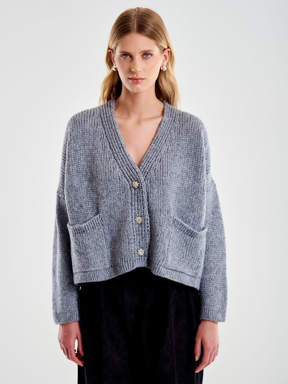 Vicolo Cardigan Bottoni Gioiello e Scollo a V Grigio Presa