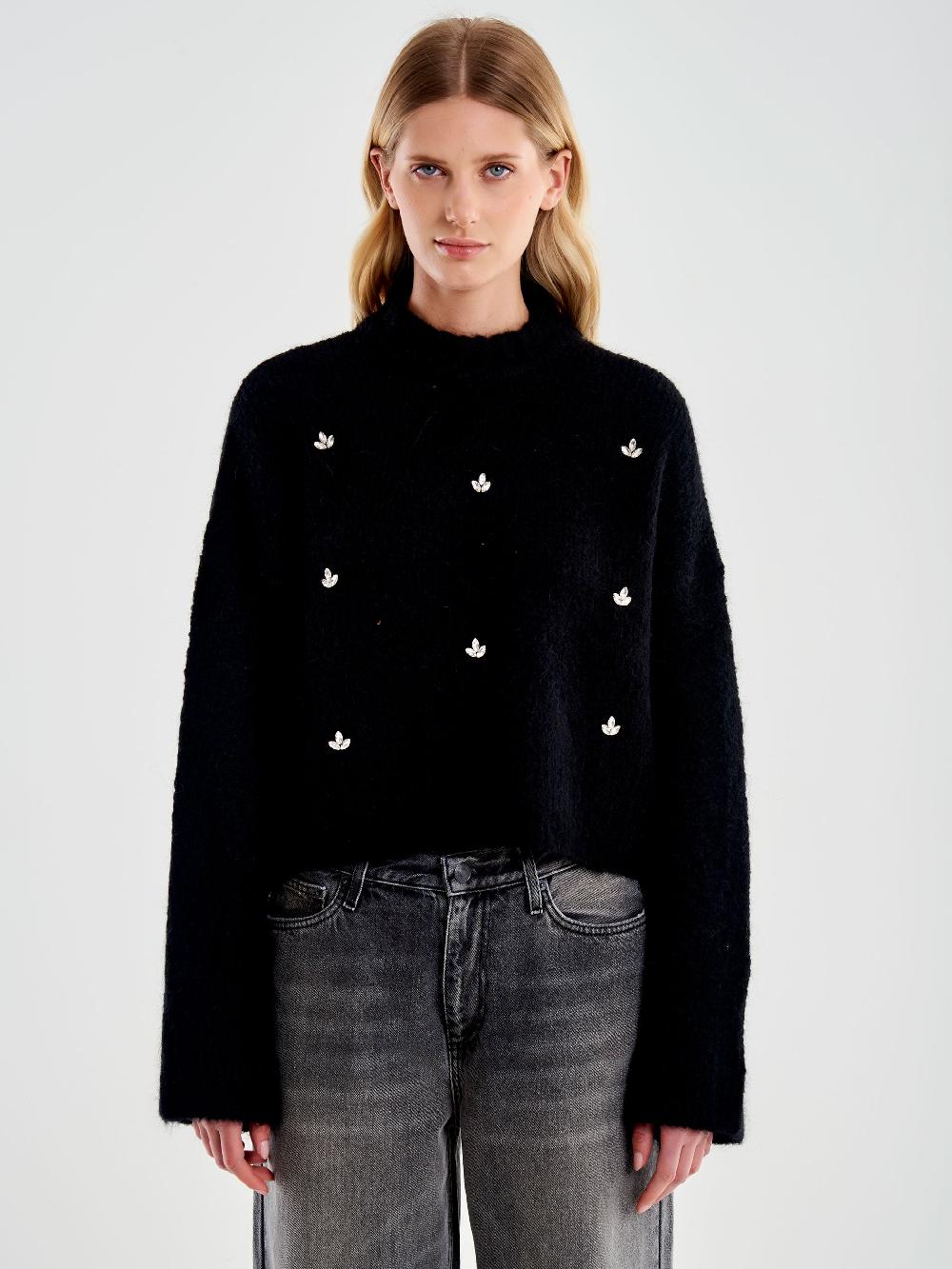 Vicolo Pull Girocollo con Cabochon Applicati Nero Sconto