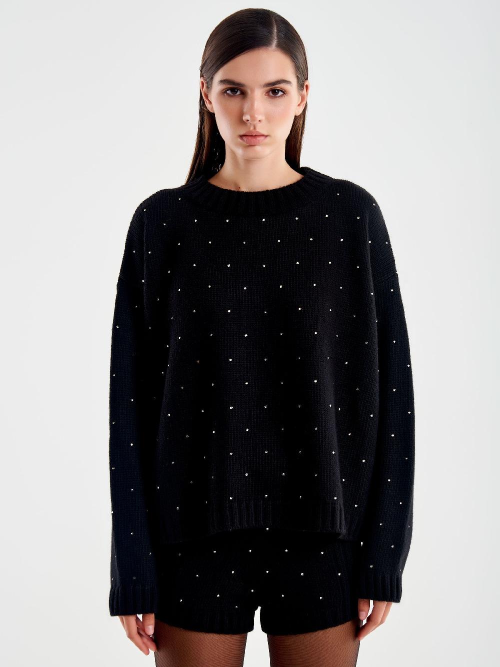 Vicolo Pullover Girocollo con Strass Nero Offerta