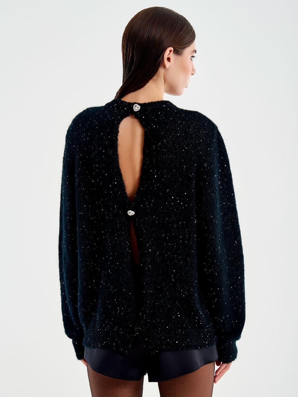 Vicolo Pull Girocollo con Bottoni Retro e Strass Nero Economico
