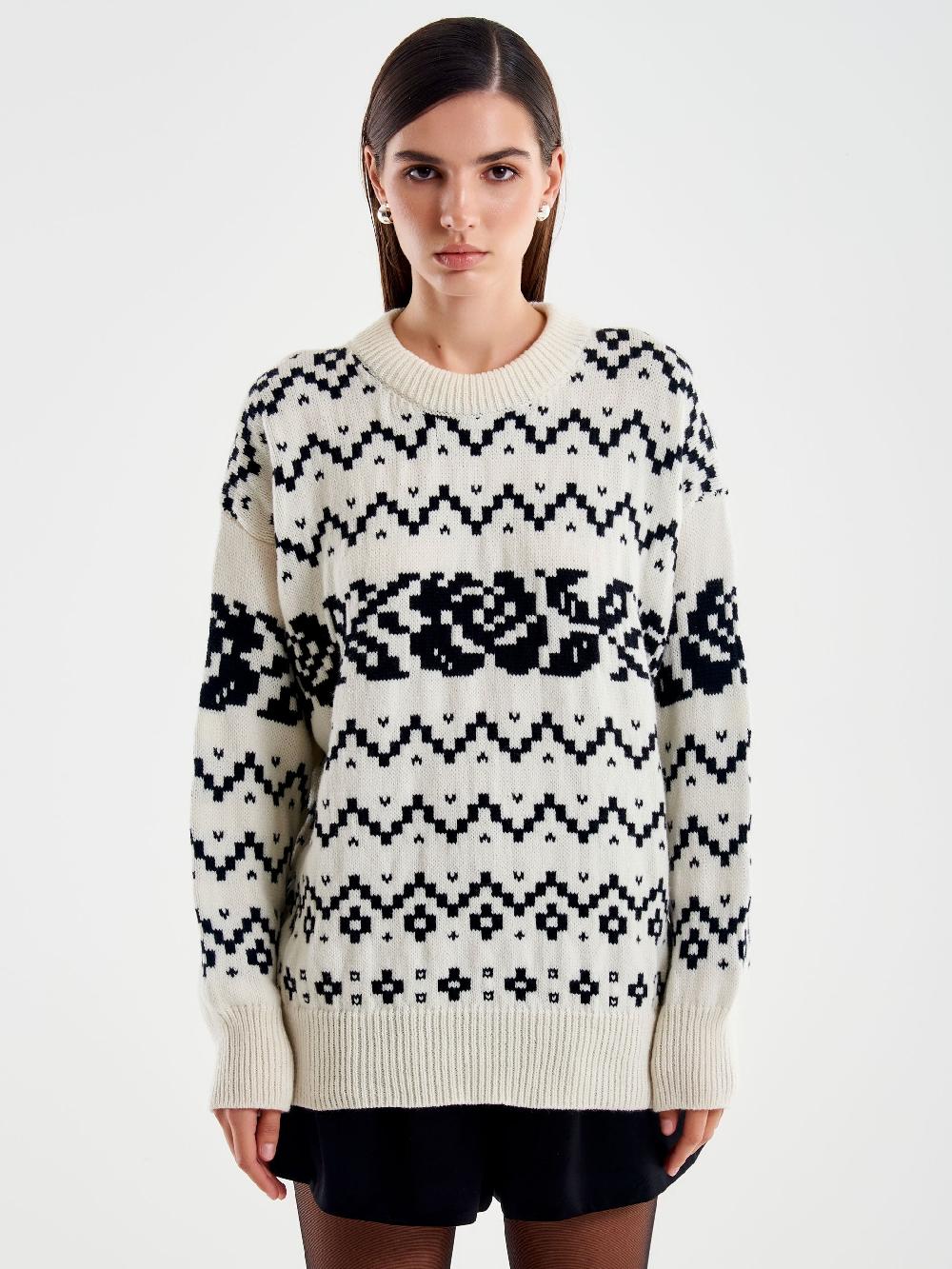 Vicolo Pull Jaquard Rose Stilizzate Bianco Outlet