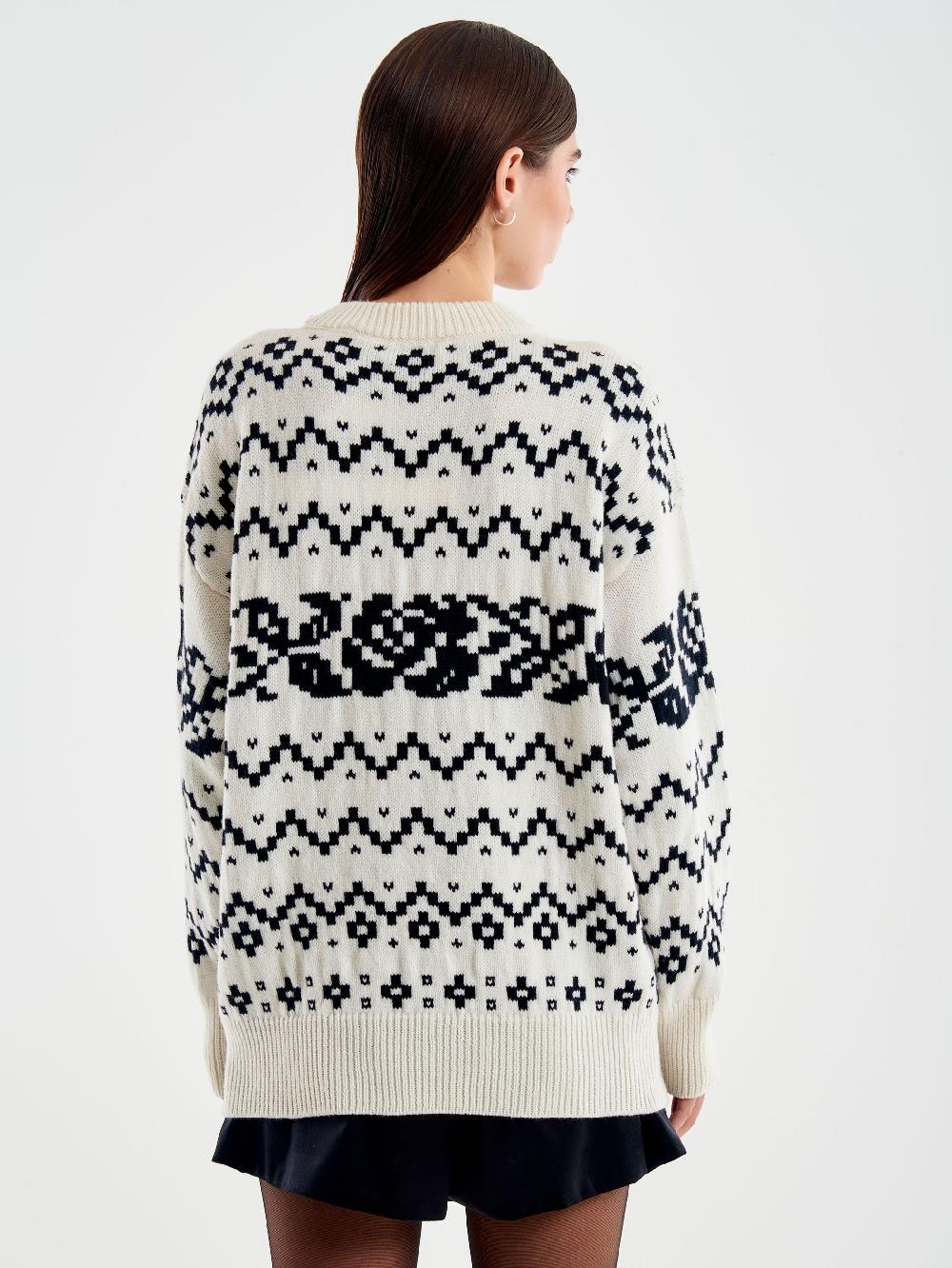 Vicolo Pull Jaquard Rose Stilizzate Bianco Outlet