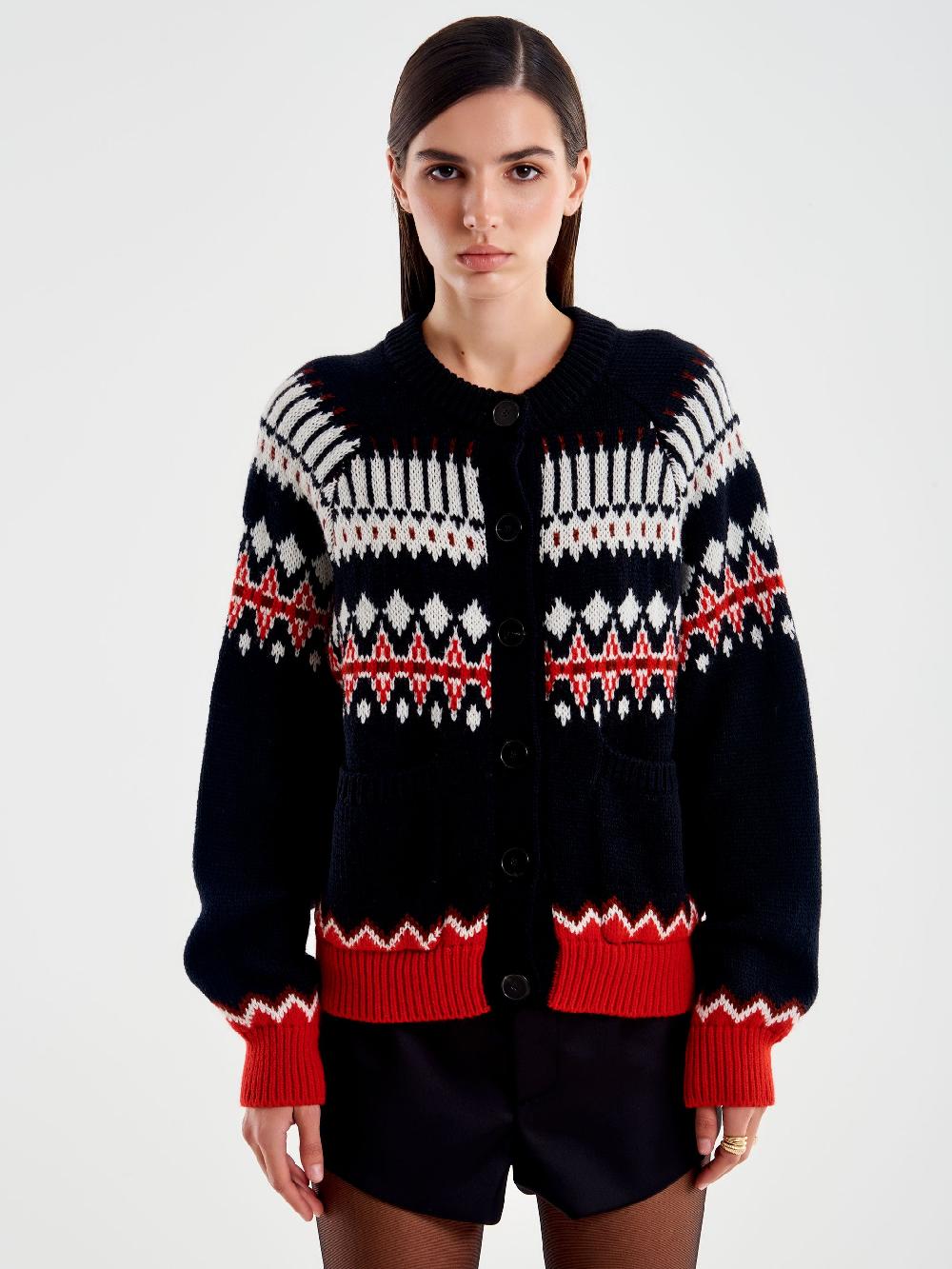 Vicolo Cardigan con Tasche Motivo Jaquard Nero In Vendita