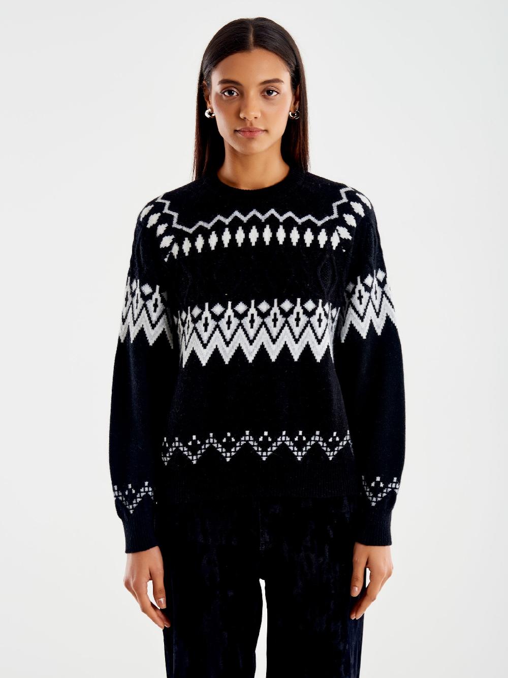 Vicolo Pull Jaquard in Maglia Nero Vendita Economica