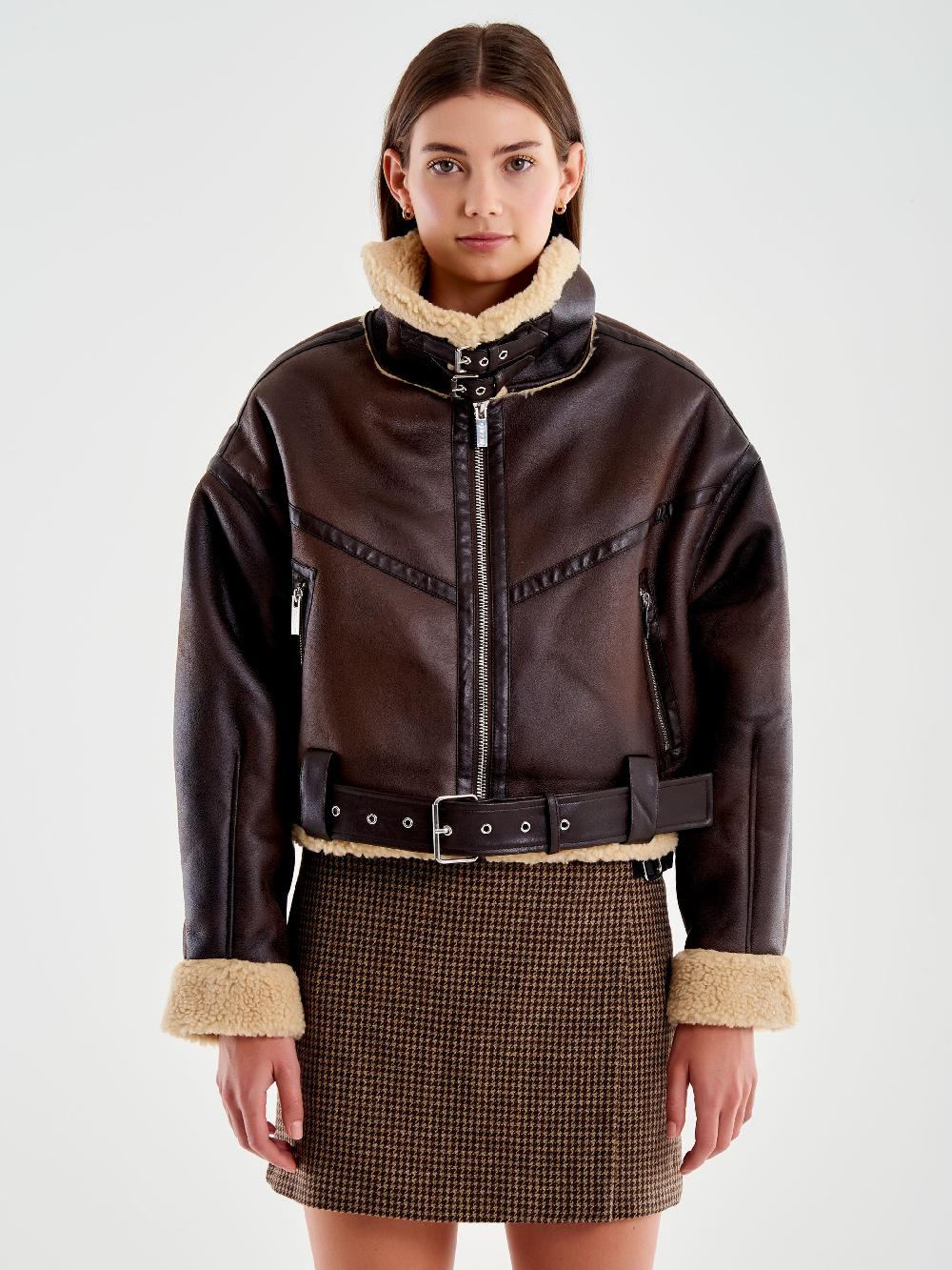 Vicolo Giubbotto Biker Cropped Effetto Scamosciato Marrone 2025