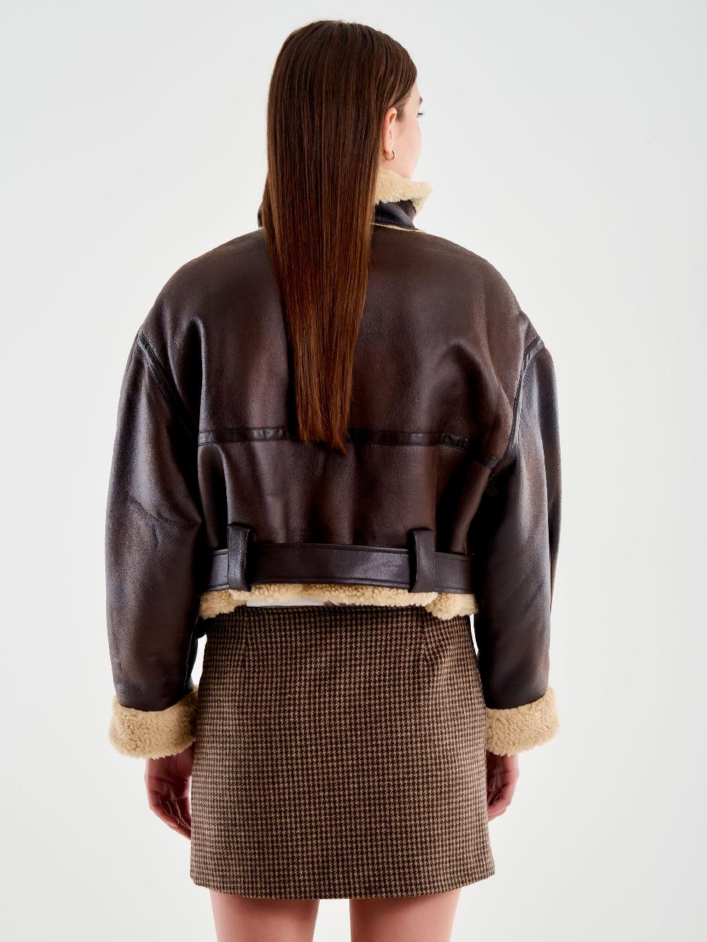 Vicolo Giubbotto Biker Cropped Effetto Scamosciato Marrone 2025