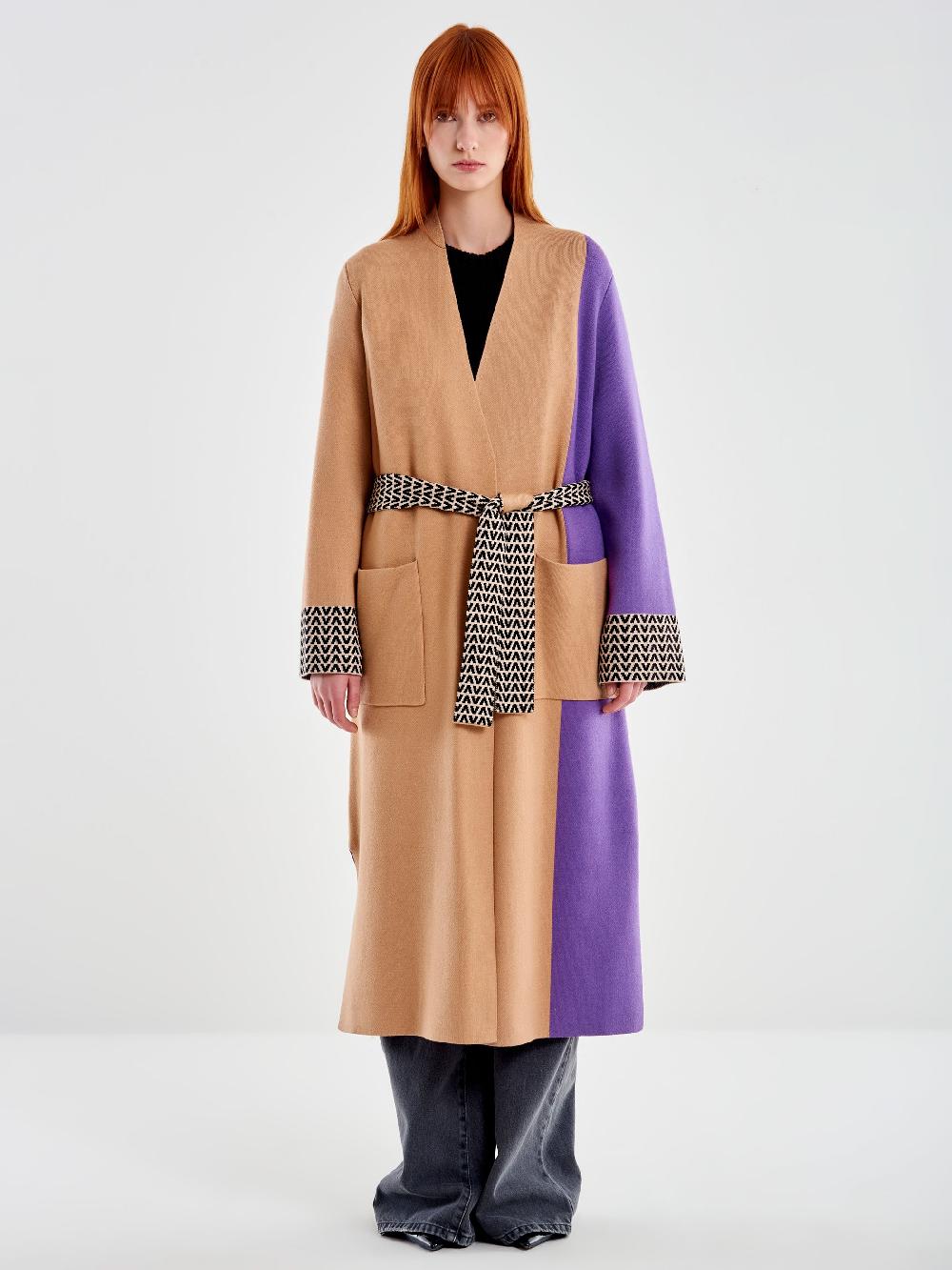 Vicolo Cappotto in Maglia Fantasia Color Block Nero Italia
