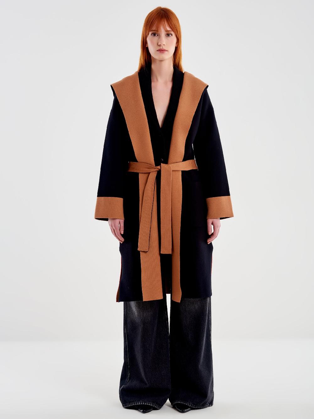 Vicolo Cappotto in Maglia Color Block con Cappuccio Nero 2025