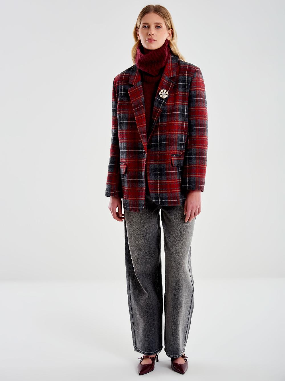 Vicolo Blazer Doppiopetto Over Spilla Quadri Bordeaux