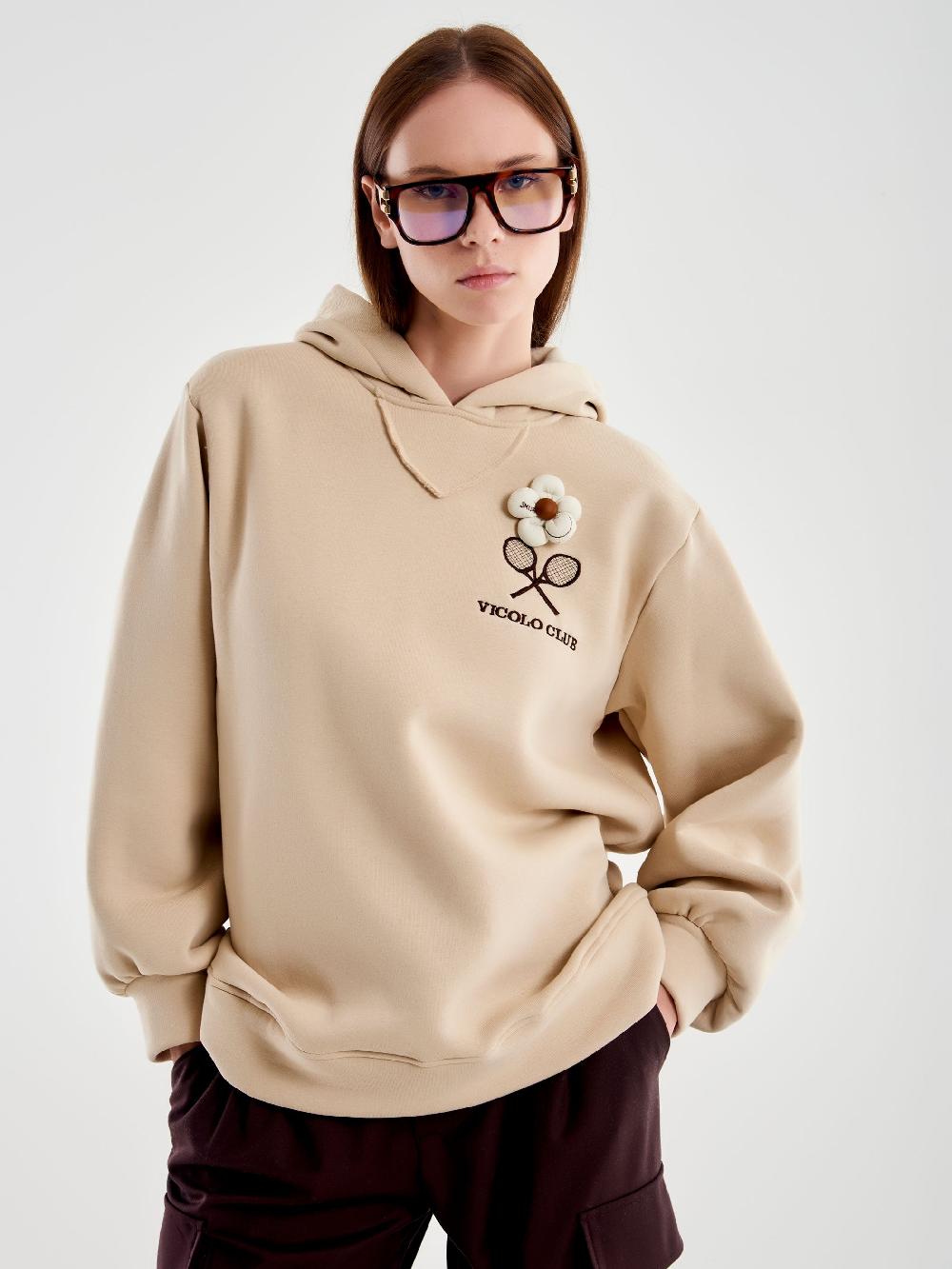 Vicolo Felpa Over con Cappuccio e Ricamo Beige