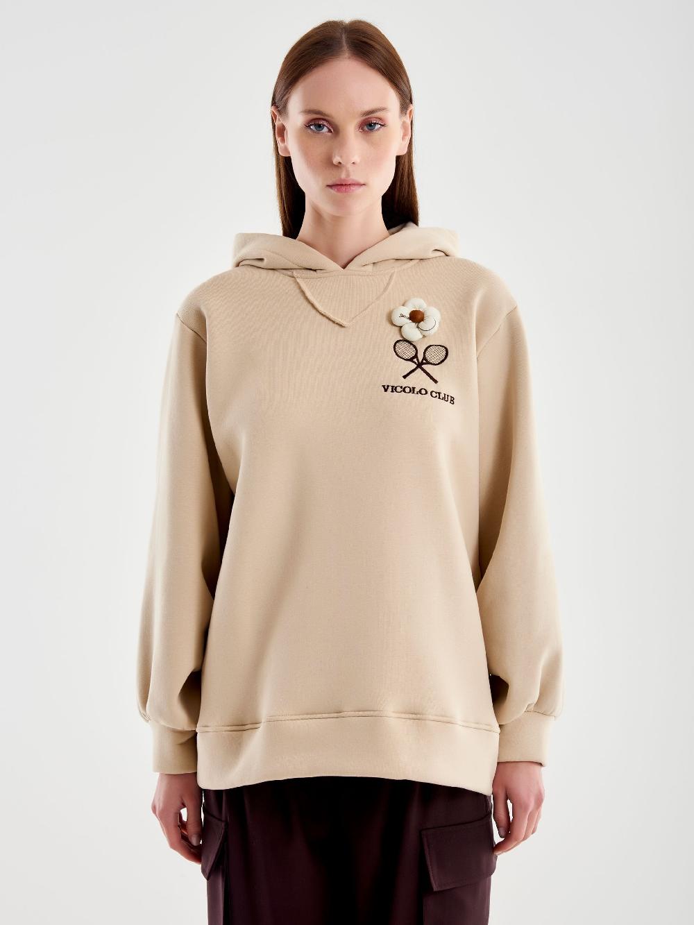 Vicolo Felpa Over con Cappuccio e Ricamo Beige Vendita Calda