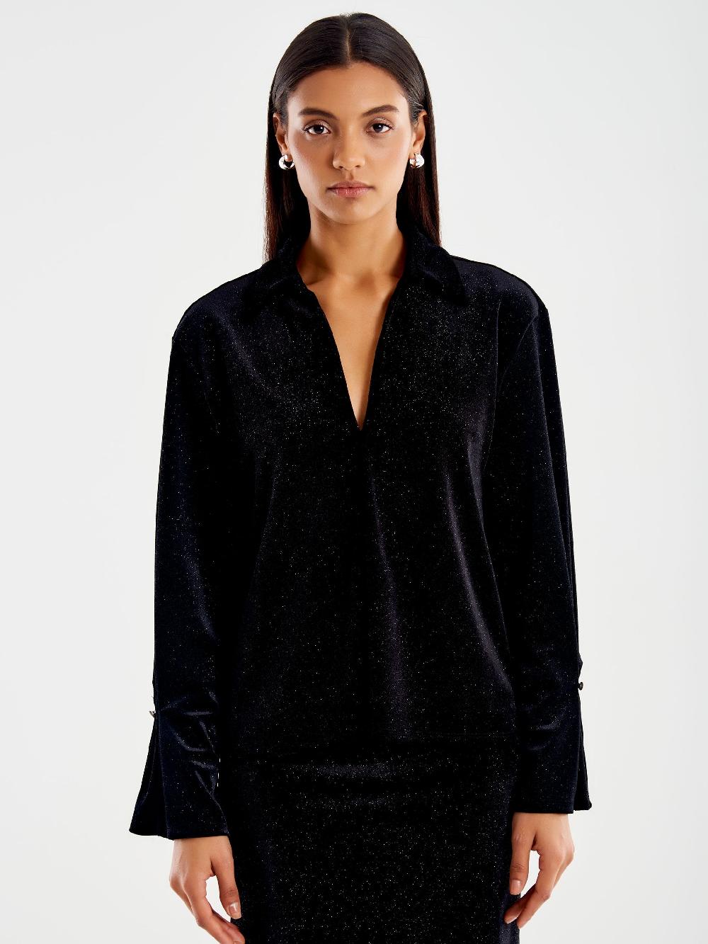 Vicolo Camicia in Ciniglia con Glitter Nero Black Friday Prezzi