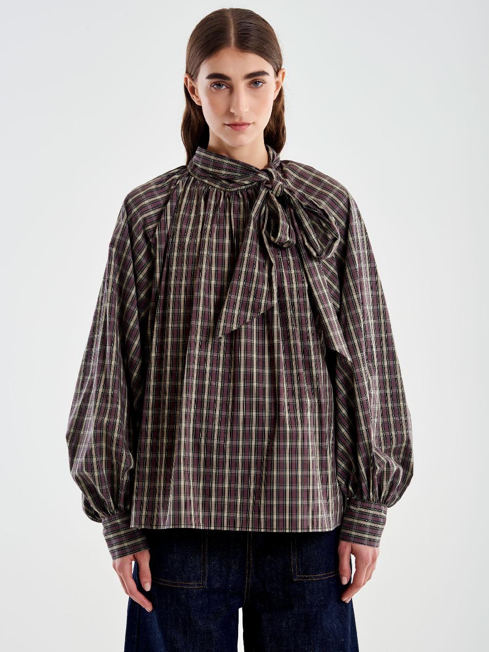 Vicolo Camicia Over Quadri con Fiocco Beige Pezzi Unici