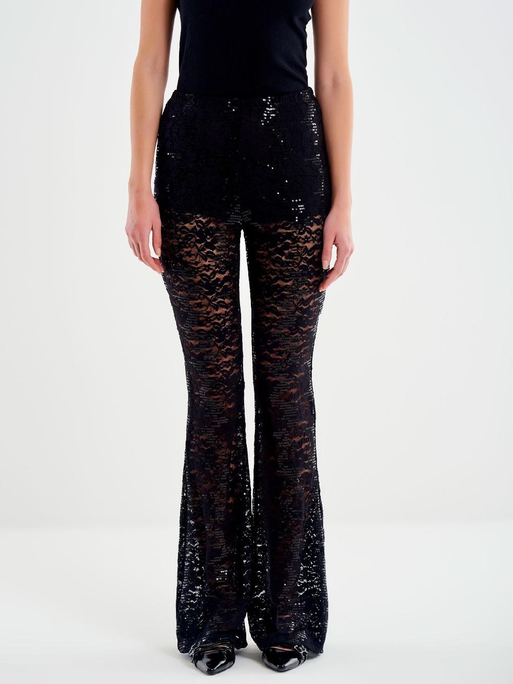 Vicolo Pantalone Ampio In Pizzo e Paillettes Nero Promozione Limitata
