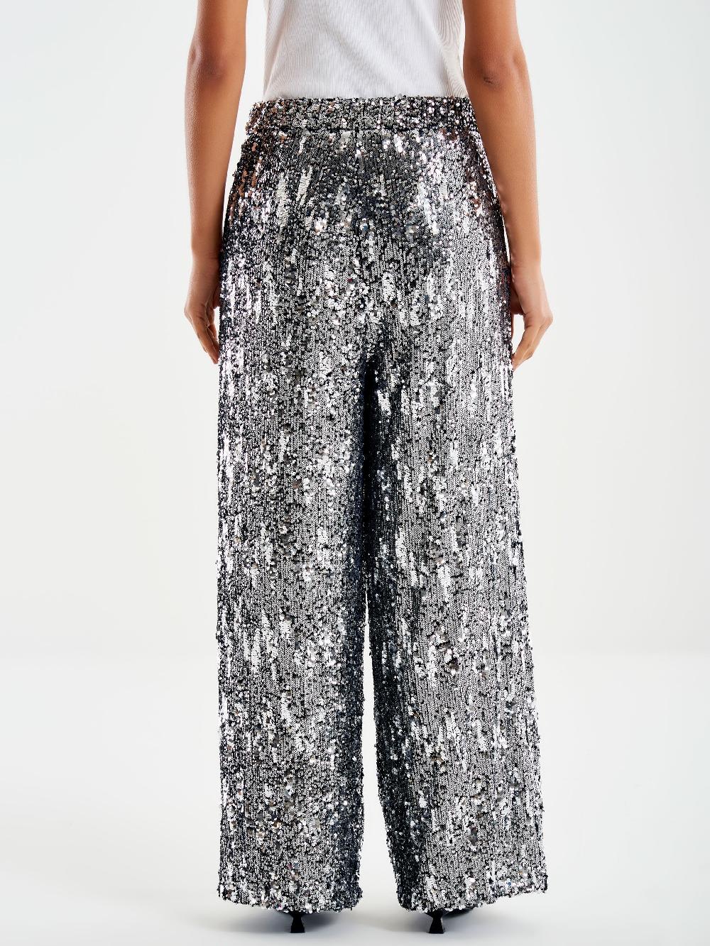 Vicolo Pantalone Ampio Paillettes Grigio Shopping Online