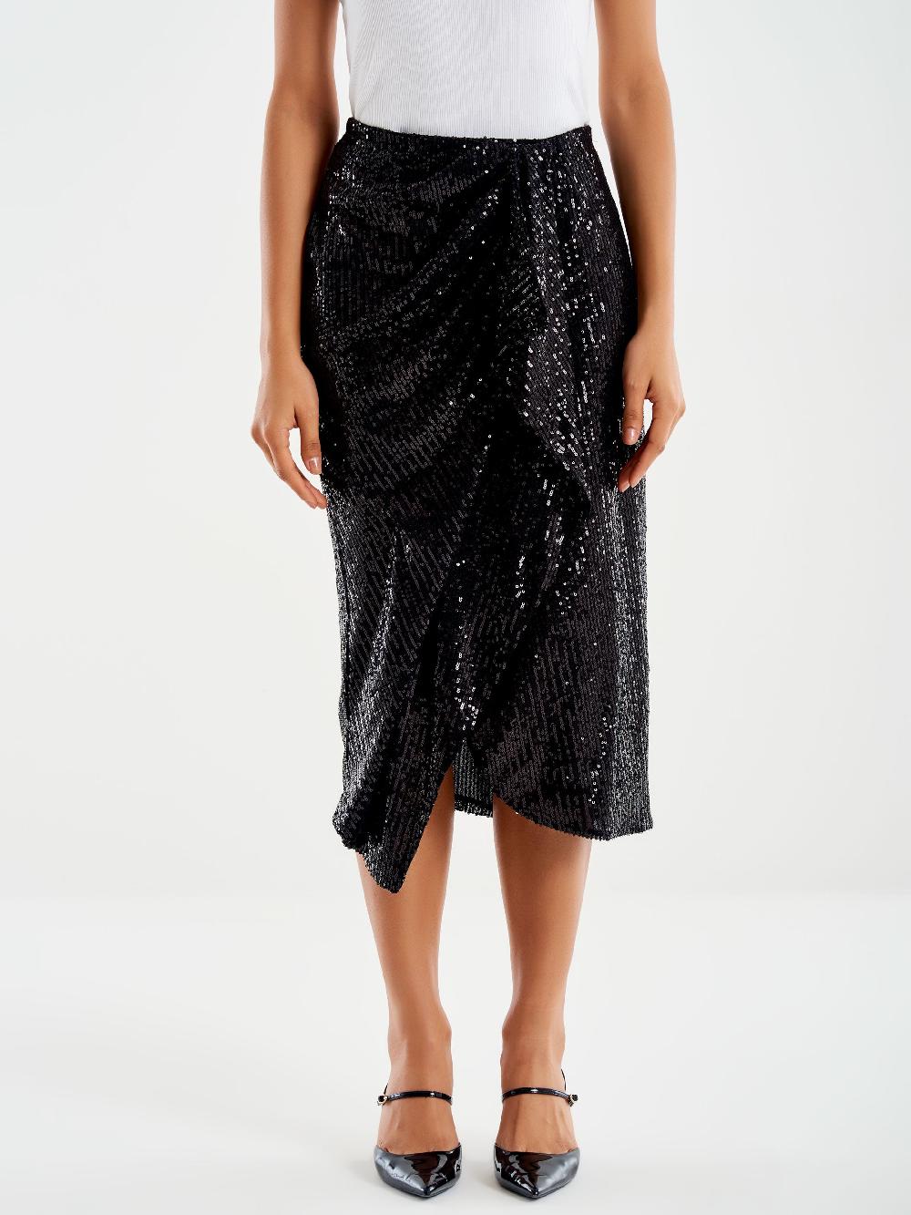 Vicolo Gonna Midi Drappeggiata in Paillettes Nero Hotsell