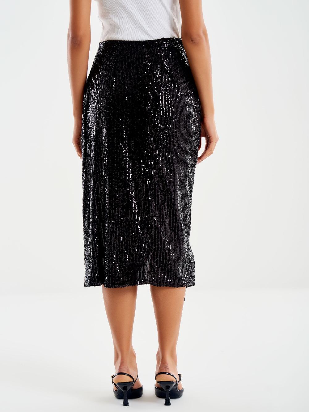 Vicolo Gonna Midi Drappeggiata in Paillettes Nero Hotsell