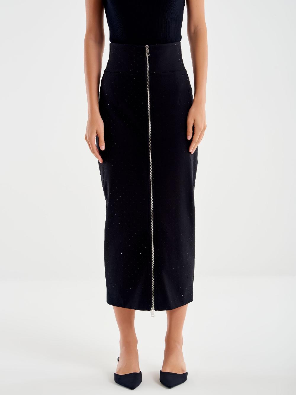 Vicolo Gonna Midi con Zip a Vista Nero Saldi Di Fabbrica