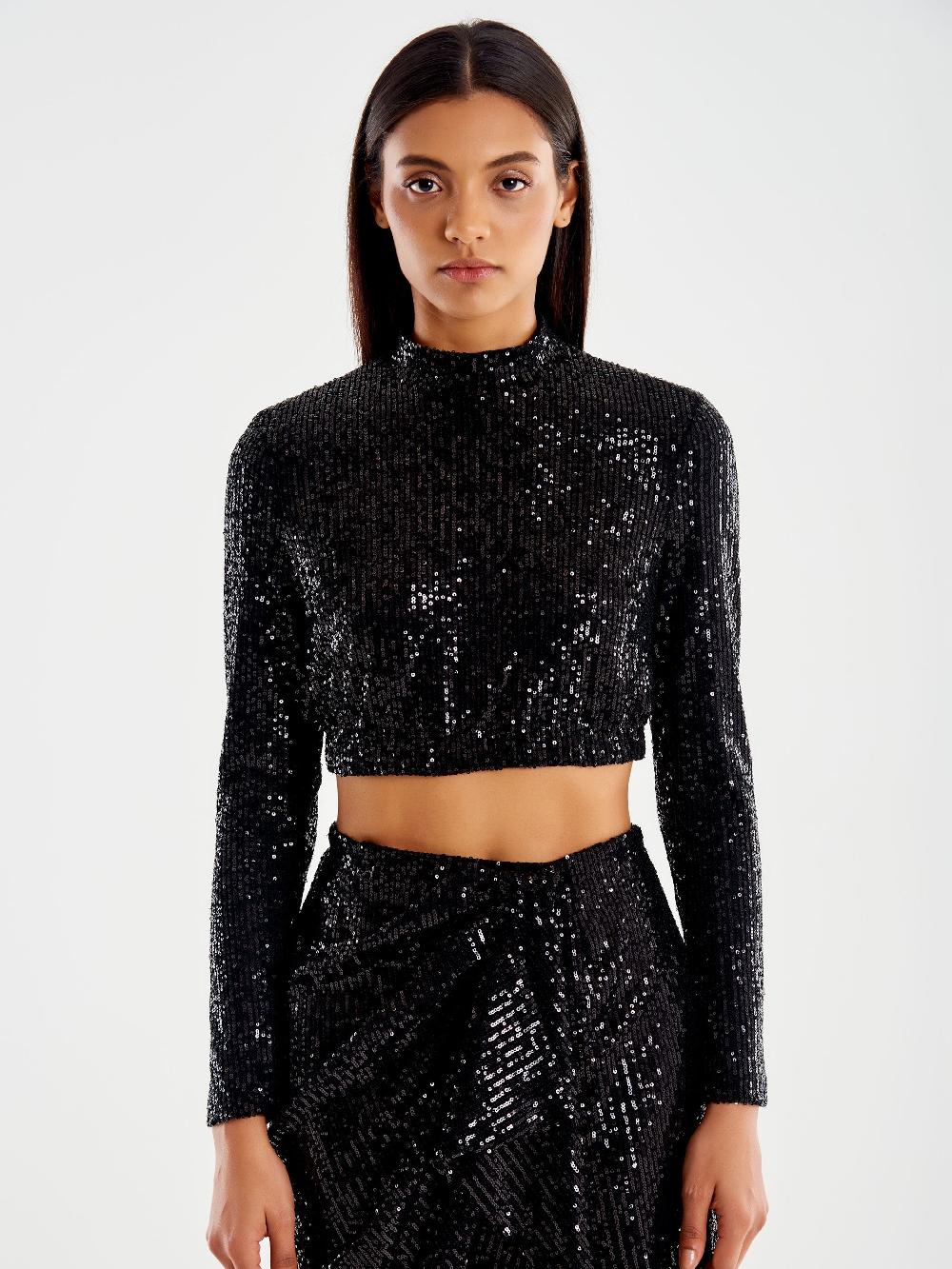 Vicolo Top Cropped Paillettes Nero Italia