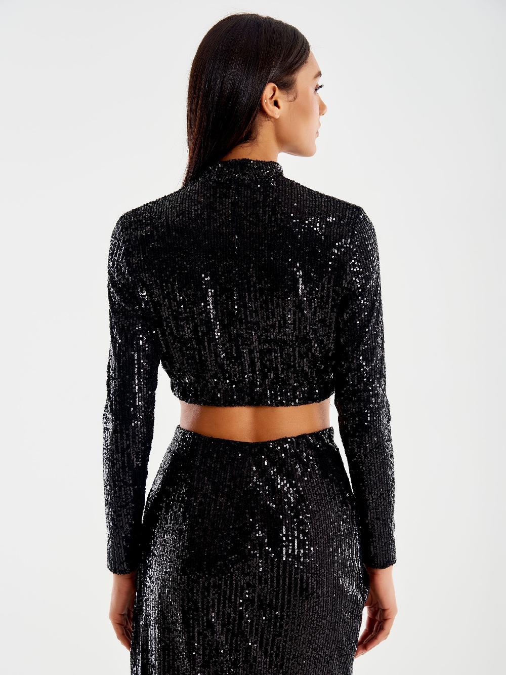 Vicolo Top Cropped Paillettes Nero Italia