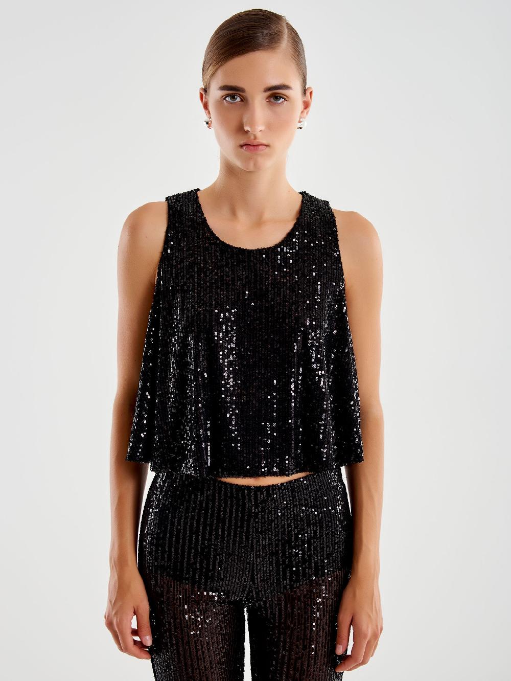 Vicolo Top Cropped a Ruota in Paillettes Nero In Linea