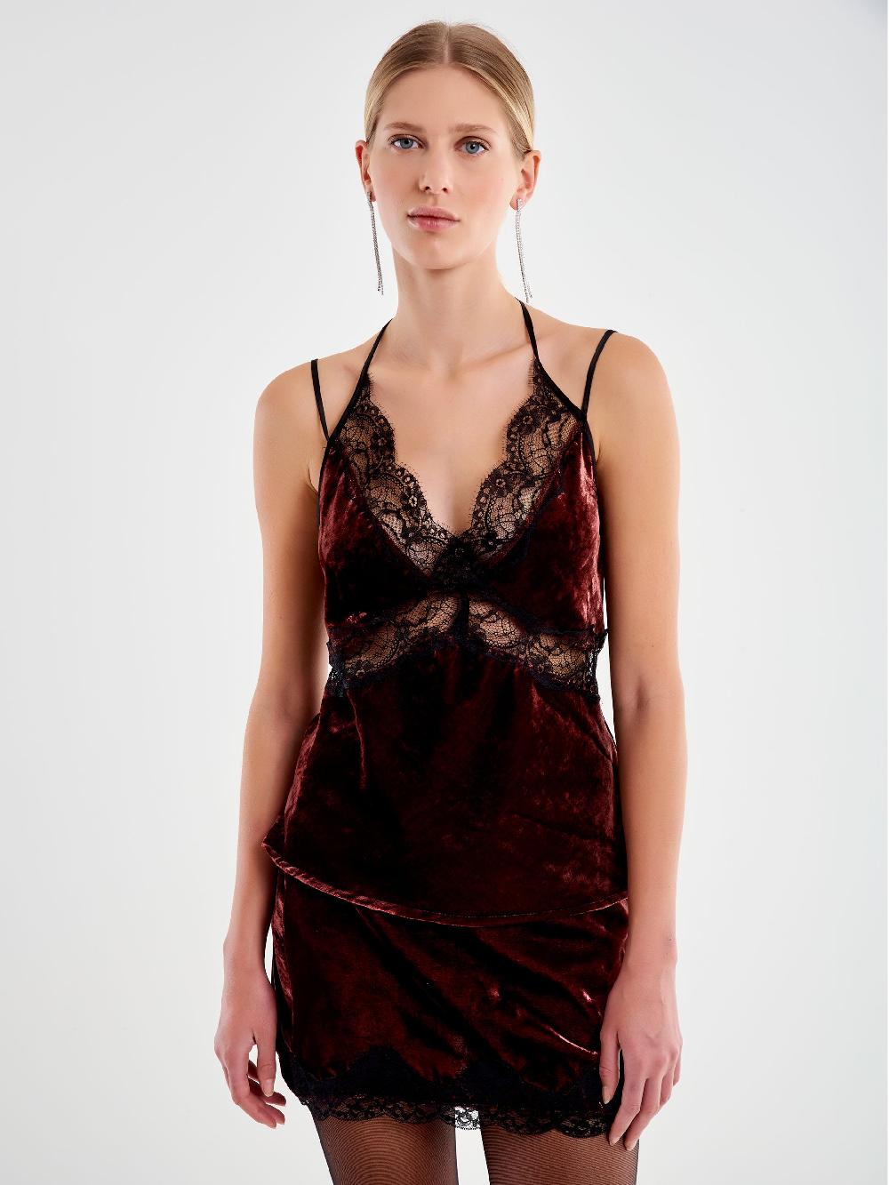 Vicolo Top in Pizzo e Velluto Bordeaux Promozione