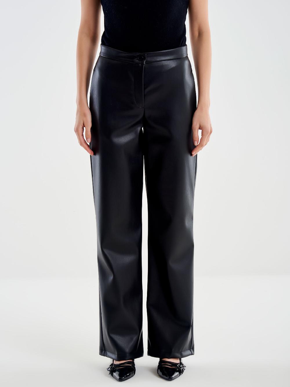 Vicolo Pantalone Straight Effetto Pelle Nero Presa