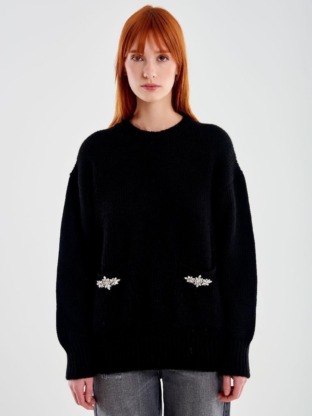Vicolo Pull Girocollo con Cabochon Tasche Nero Fino Al -60%