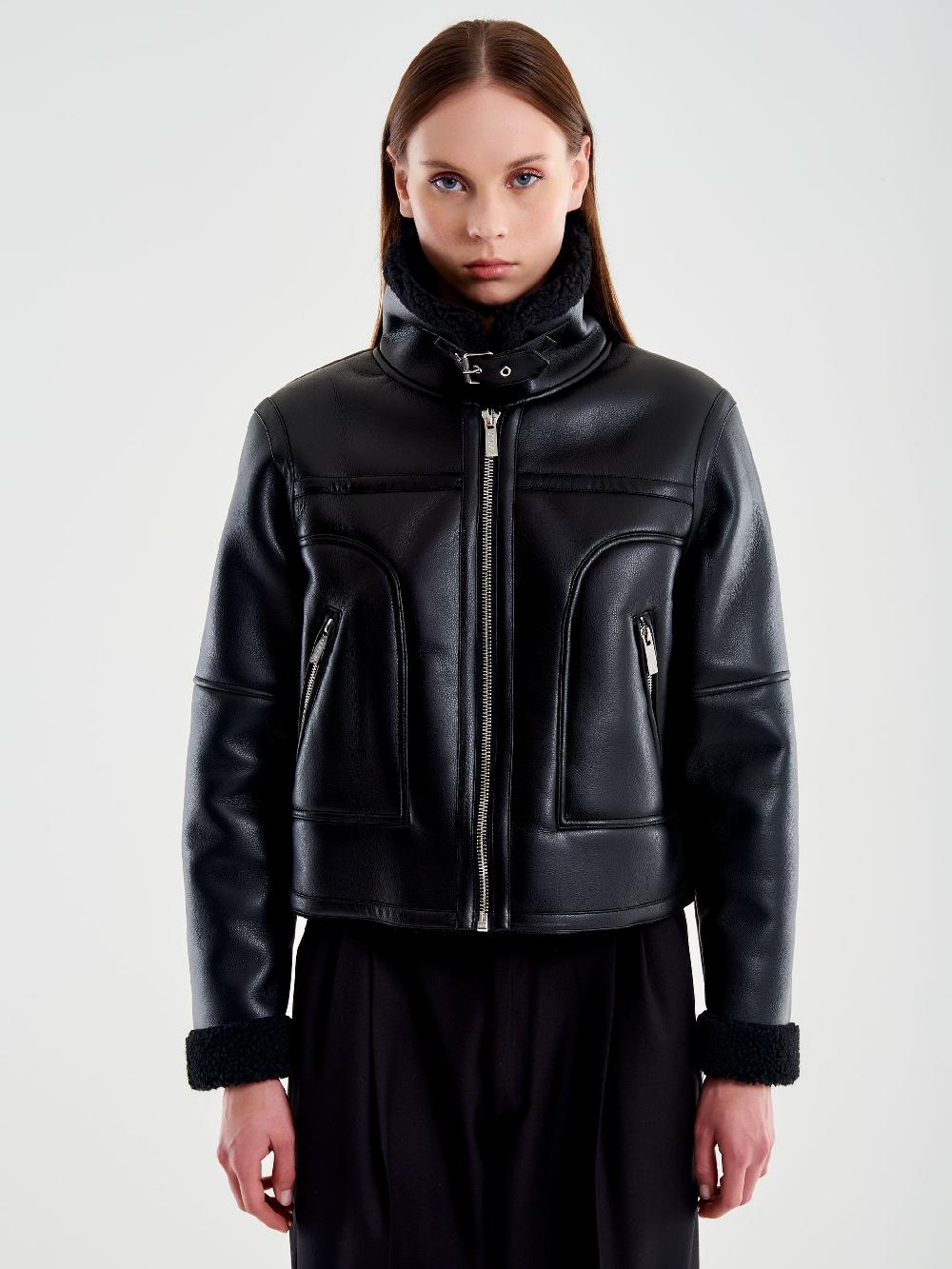 Vicolo Giubbotto Biker Cropped Effetto Pelle Nero Saldi